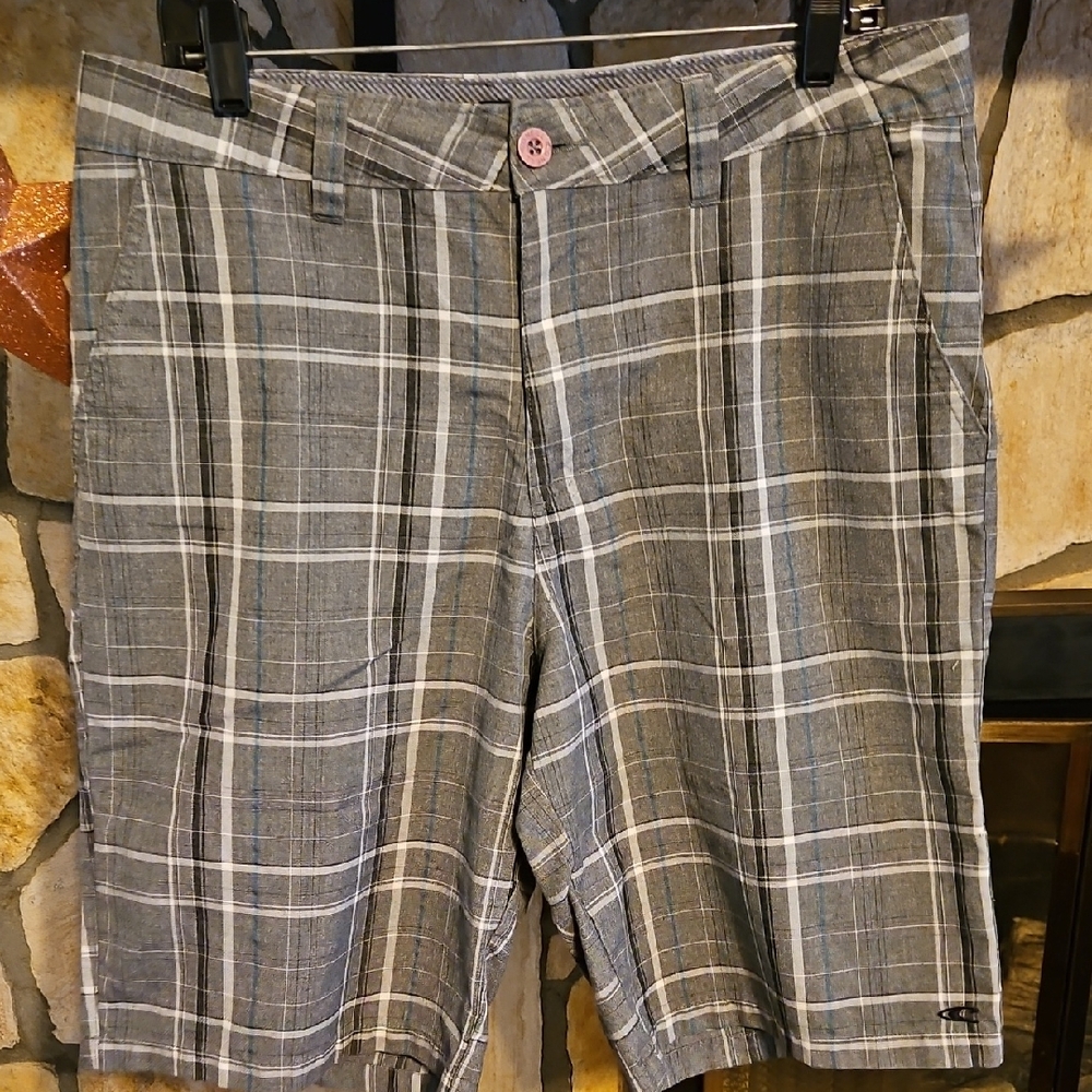 O'Neill Gray Plaid Shorts with Pink Button
